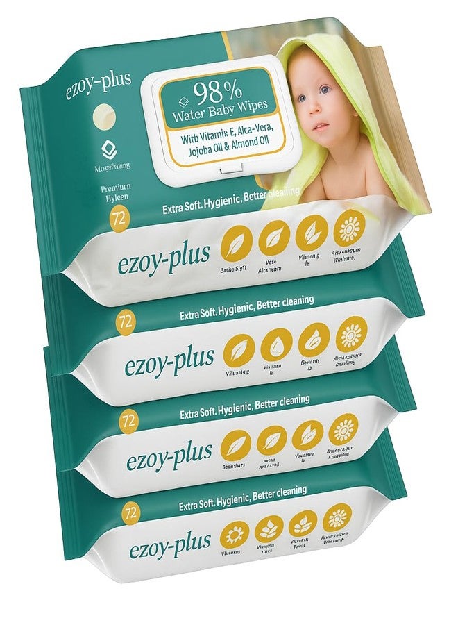 EZOYPLUS Baby Wipes, 288 Pieces Pack of 4, 99% Water Based, With Vitamin E and Aloe Vera, Extra Soft for Newborn - Image 1