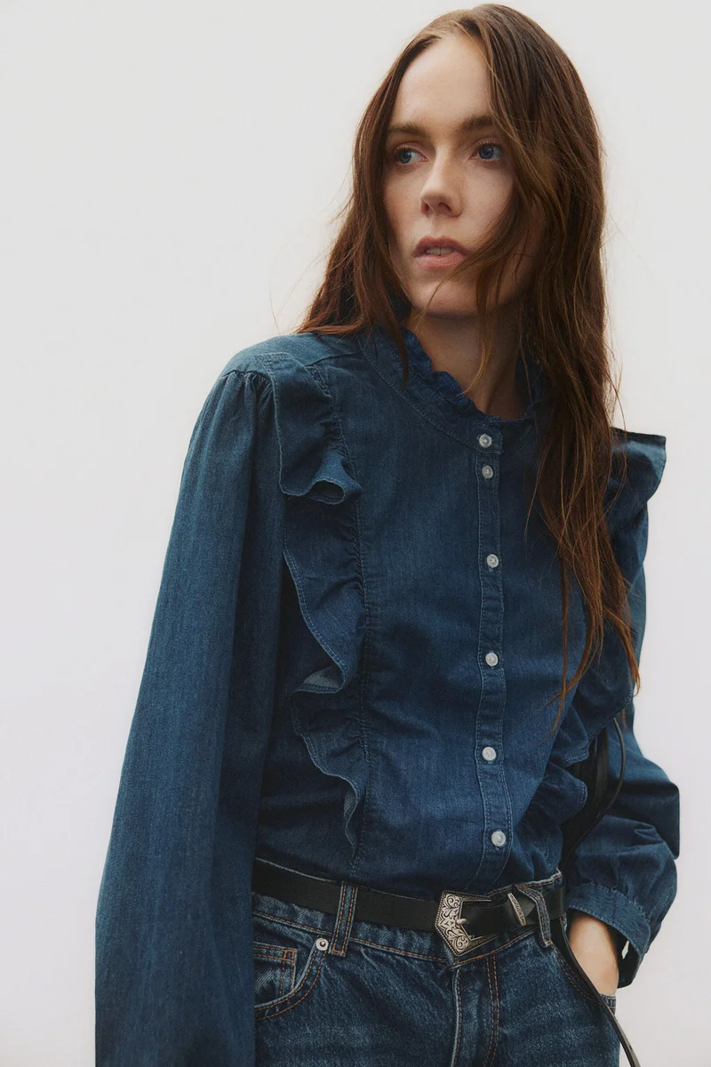 H&M Frill-trimmed denim blouse