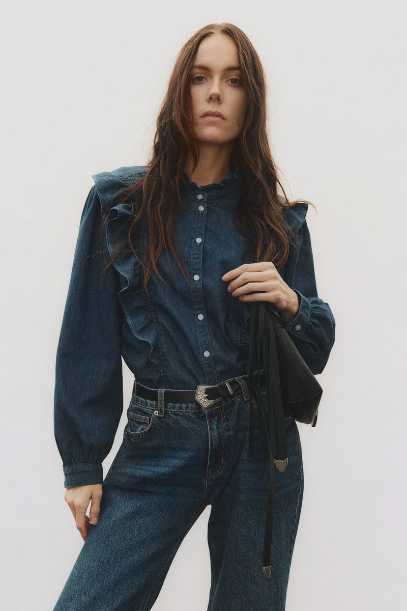 H&M Frill-trimmed denim blouse