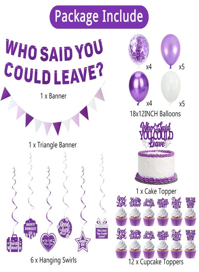 Roetyce Farewell Party Decorations, Purple Silver Who Said You Could Leave Banner Cake Toppers Balloons Hanging Swirls, Going Away Retirement Leaving Party Decorations, Coworker Goodbye Party Supplies - Image 3
