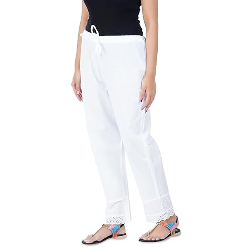 Happy Bunny Ethnic Hokaba Work 100% Cotton Pants for Women, Stylish Crafted Trousers with Adjustable Drawstring Comfort for Office, Party, Travel & Outdoor Wear (LG, White) - Image 1
