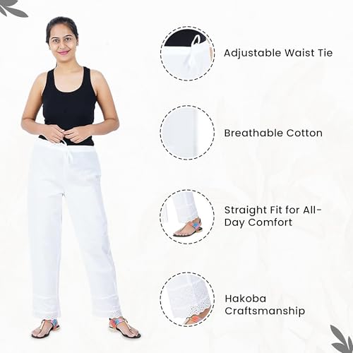 Happy Bunny Ethnic Hokaba Work 100% Cotton Pants for Women, Stylish Crafted Trousers with Adjustable Drawstring Comfort for Office, Party, Travel & Outdoor Wear (LG, White) - Image 3