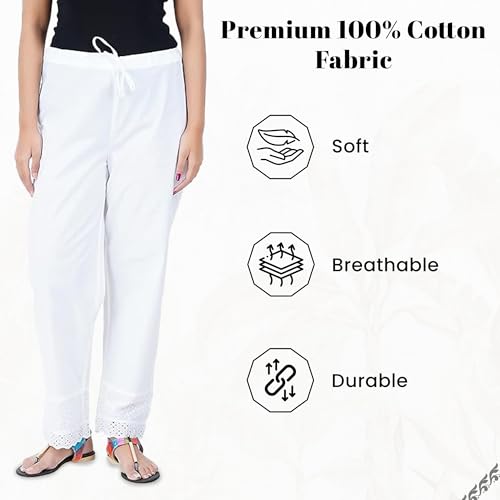 Happy Bunny Ethnic Hokaba Work 100% Cotton Pants for Women, Stylish Crafted Trousers with Adjustable Drawstring Comfort for Office, Party, Travel & Outdoor Wear (LG, White) - Image 2