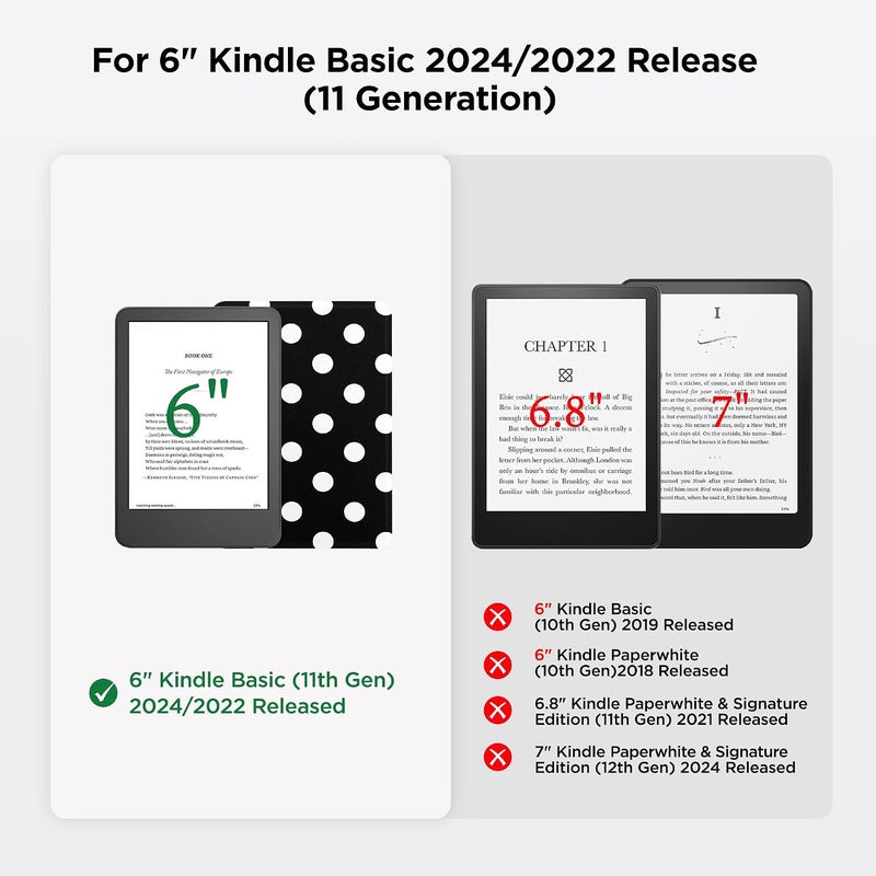SESENSE Detachable Magnetic Case for 6'' Kindle 2024 and 2022 (11 Generation), Slim PU Shell Cover Case with Auto Wake/Sleep, White Polka Dots - Image 2