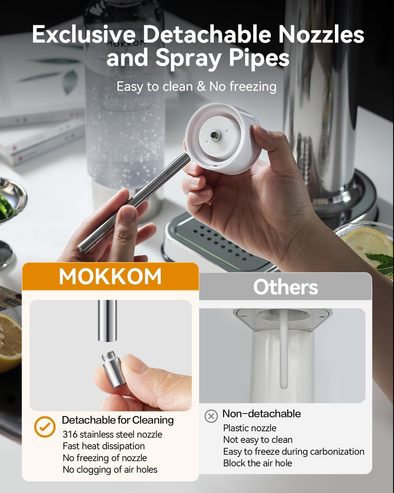 MOKKOM صانع المياه الفوارة MOKKOM، صانع الصودا مع زجاجة كربونات PET سعة 1 لتر، آلة بث الصودا ومكربن المشروبات، متوافق مع مكربن CO2 سعة 60 لتر (غير مشمول) - فولاذ مقاوم للصدأ - Image 4