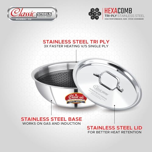 Classic Steels Hexa Comb Triply Stainless Steel Tasla with Steel Lid - 1 LTR (18cm) | Induction & Gas Compatible | Durable, Rust-Free | Healthy Oil-Free Cooking | | 2.5mm Thickness - Image 3