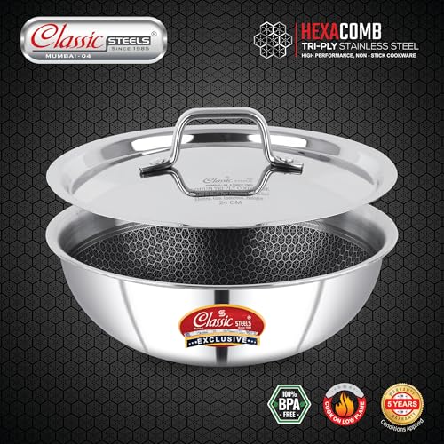 Classic Steels Hexa Comb Triply Stainless Steel Tasla with Steel Lid - 1 LTR (18cm) | Induction & Gas Compatible | Durable, Rust-Free | Healthy Oil-Free Cooking | | 2.5mm Thickness - Image 2