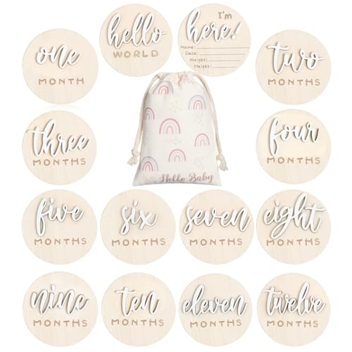 Burbell 7 Pack 3D Baby Monthly Milestone Card Signs Baby Announcement Sign Double Sided Hello World Newborn Signs Wooden Circles Discs for Welcome Newborn Boy Girl Photo PropsWhiteLetter - Image 1