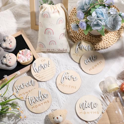 Burbell 7 Pack 3D Baby Monthly Milestone Card Signs Baby Announcement Sign Double Sided Hello World Newborn Signs Wooden Circles Discs for Welcome Newborn Boy Girl Photo PropsWhiteLetter - Image 3