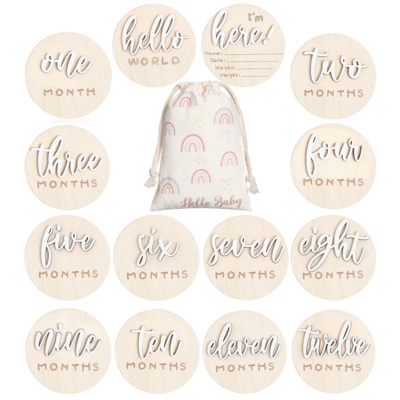 Burbell 7 Pack 3D Baby Monthly Milestone Card Signs Baby Announcement Sign Double Sided Hello World Newborn Signs Wooden Circles Discs for Welcome Newborn Boy Girl Photo PropsWhiteLetter - Image 2
