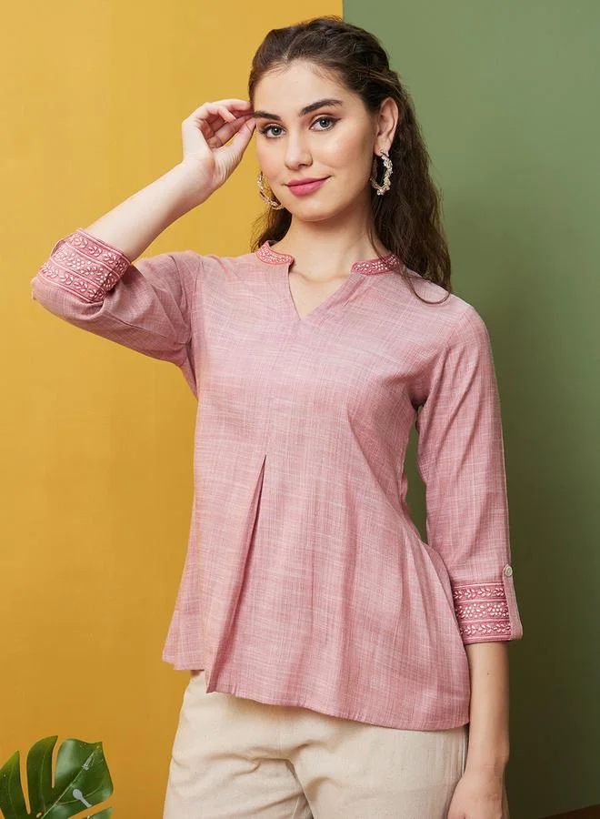 globus Embroidered Mandarin Collar Flared Hem Tunic