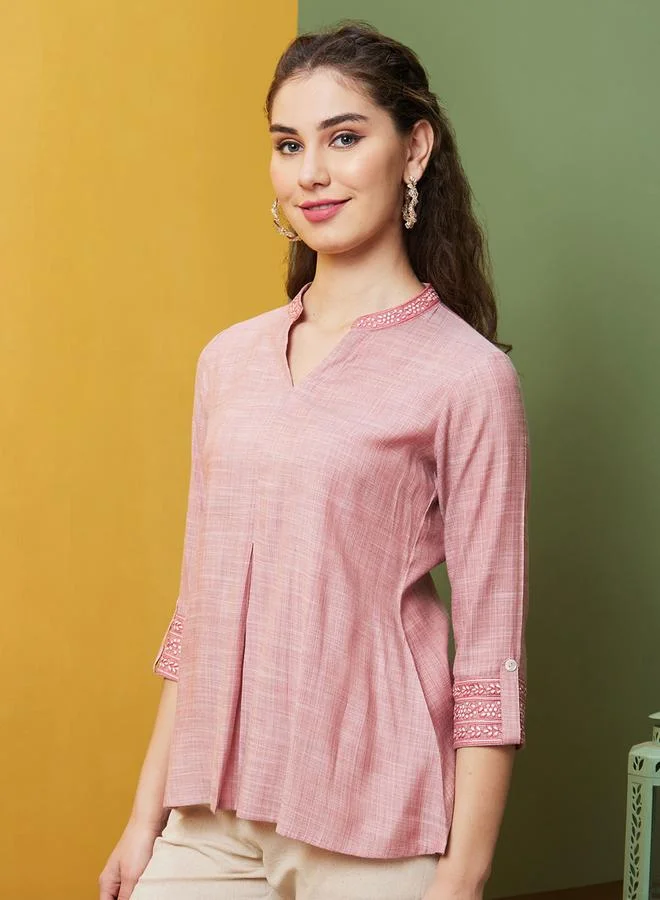globus Embroidered Mandarin Collar Flared Hem Tunic