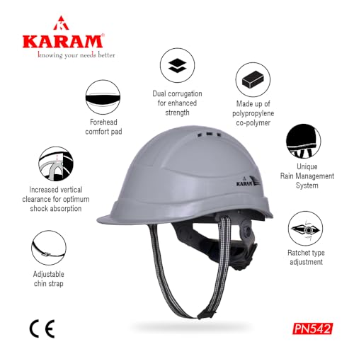 KARAM PN542 Safety Helmet for Men Industrial & Construction Helmet | Ratchet Type Adjustment with Adjustable Chin Strap | Ventilation & Side Slot for Attachment | EN Certified Hard Hat | Apex Grey - Image 3