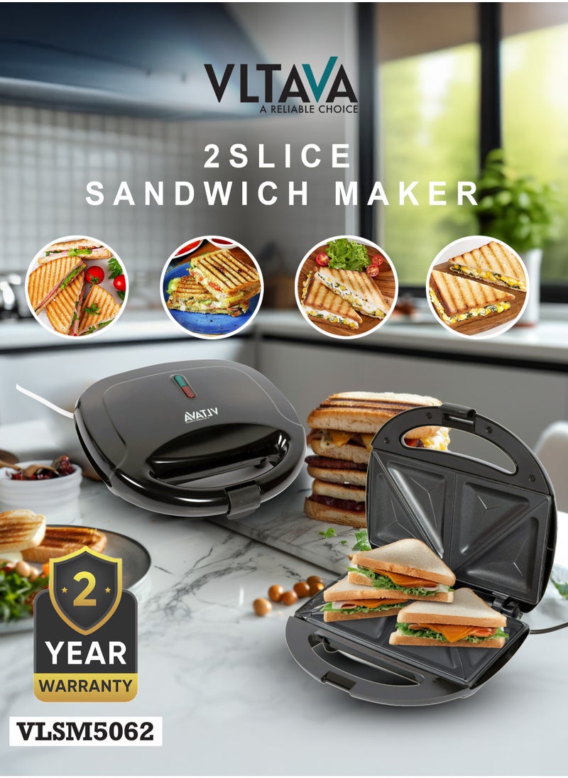 VLTAVA 2 Slice Sandwich Maker Toaster, 750W Equipped With Non-Stick Coating And Overheat Protection & Ergonomic Handle with Lock - VLSM5062  - Image 1