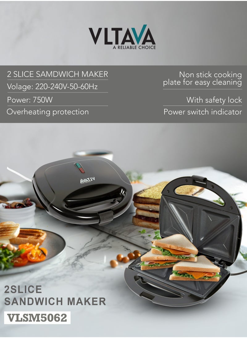 VLTAVA 2 Slice Sandwich Maker Toaster, 750W Equipped With Non-Stick Coating And Overheat Protection & Ergonomic Handle with Lock - VLSM5062  - Image 2