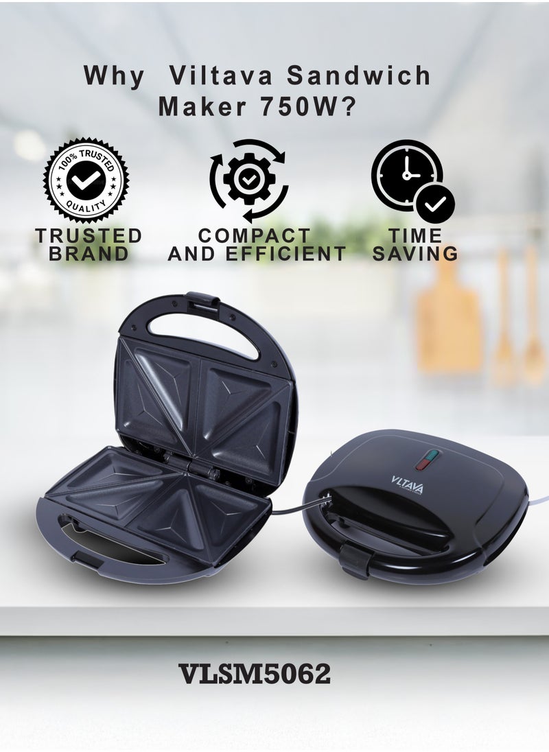 VLTAVA 2 Slice Sandwich Maker Toaster, 750W Equipped With Non-Stick Coating And Overheat Protection & Ergonomic Handle with Lock - VLSM5062  - Image 5