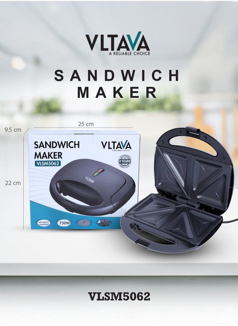 VLTAVA - 2 Slice Sandwich Maker Toaster, 750W Equipped With Non-Stick Coating And Overheat Protection & Ergonomic Handle with Lock - VLSM5062 - Image 1