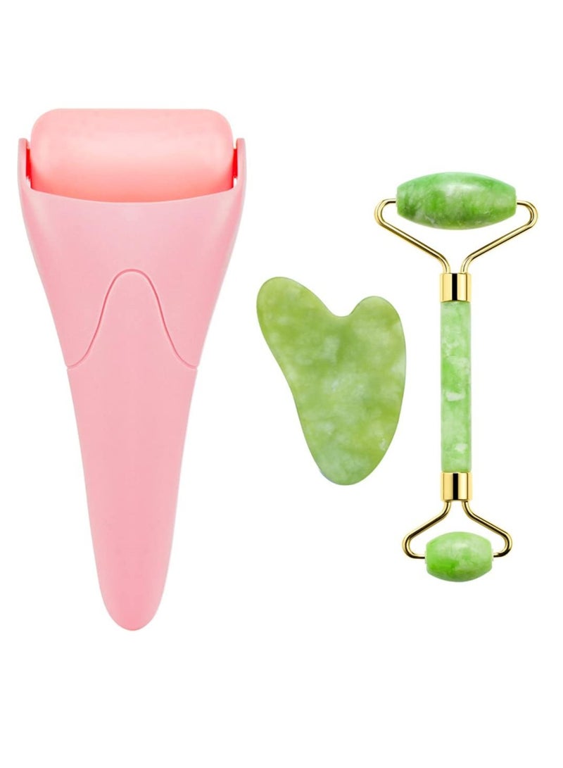 AE 3-in-1 Natural Jade Roller and Gua Sha Set for Face and Eye Ice Roller Facial Cooling Massage Roller - Image 1