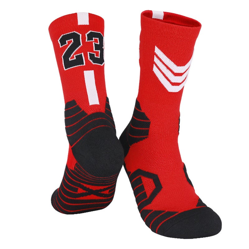 Generic Spring and Summer High-Top Basketball Socks, Stockings, Mens Sports Socks, Boys and Childrens Sweat-Absorbent Mid-Length Towel Socks, Mens Wholesale Bulls-red and white no. 23