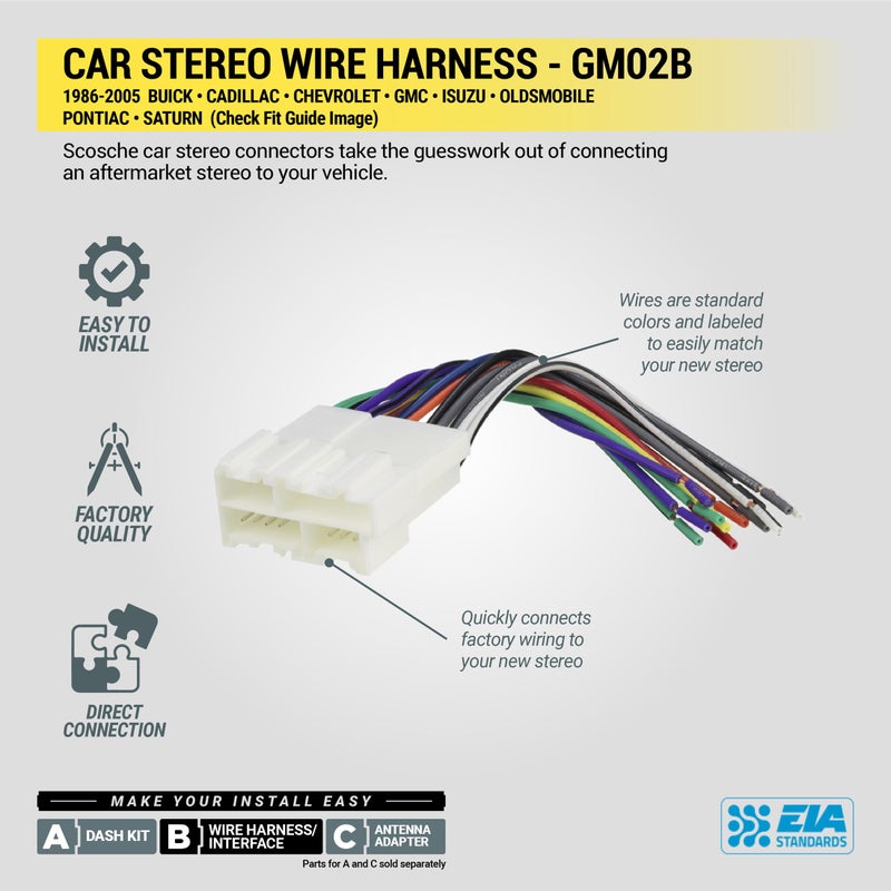 Scosche GM02B Car Stereo Wiring Harness with Crimp Connectors Compatible with Select Non-Amplified 1986-2005 General Motors Vehicles - Check Vehicle List in Images to Verify Your Model - Image 5