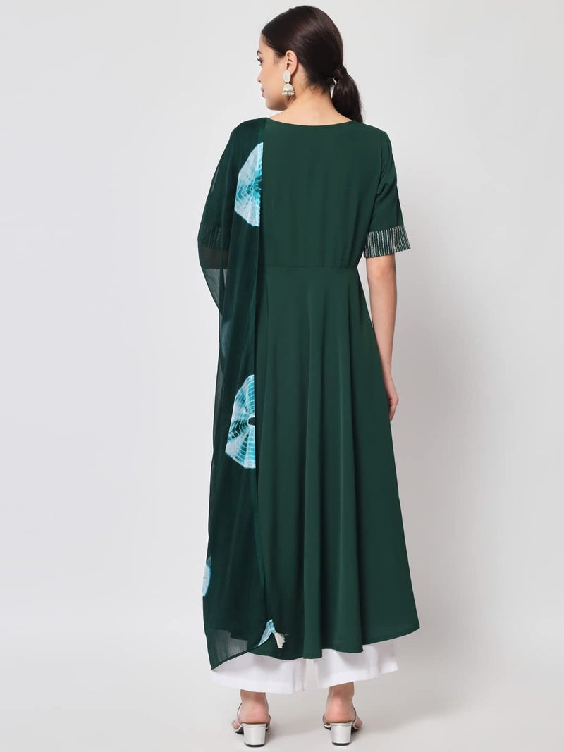FIORRA Women's Bottle Green Poly Crepe Straight Kurta with Dupatta - Image 3