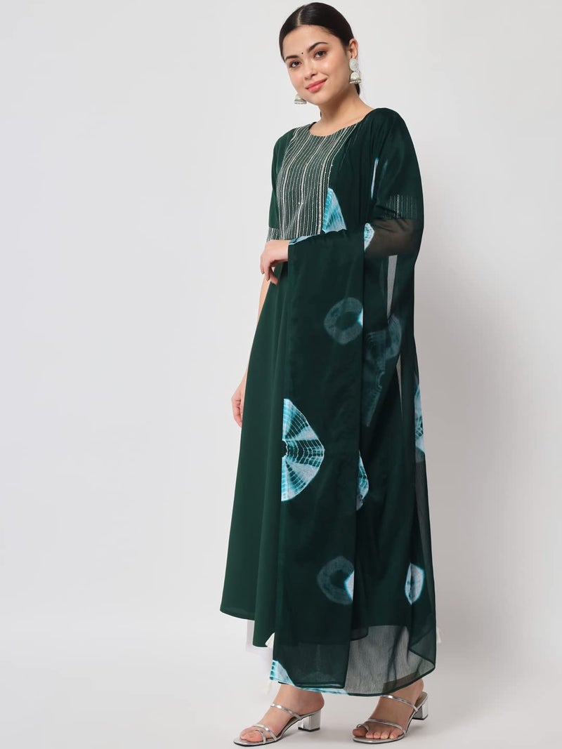 FIORRA Women's Bottle Green Poly Crepe Straight Kurta with Dupatta - Image 2