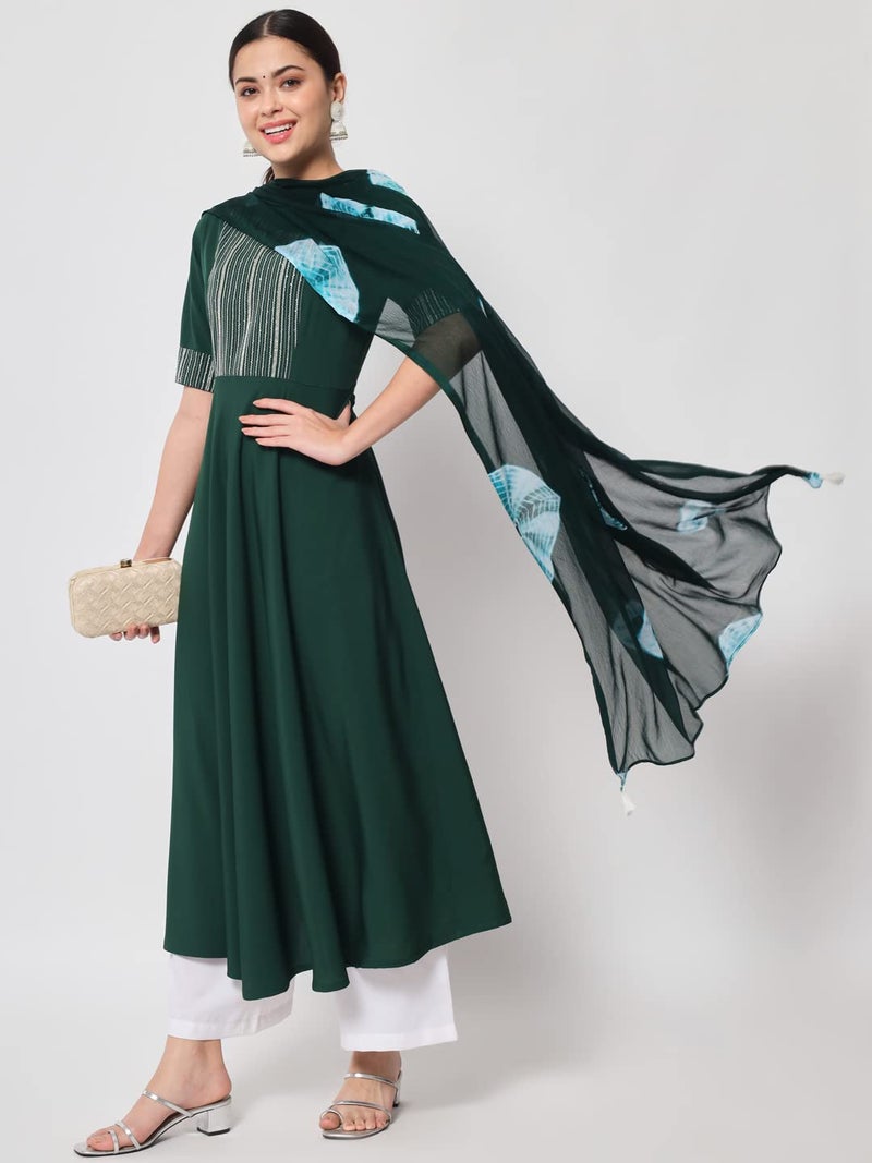 FIORRA Women's Bottle Green Poly Crepe Straight Kurta with Dupatta - Image 4