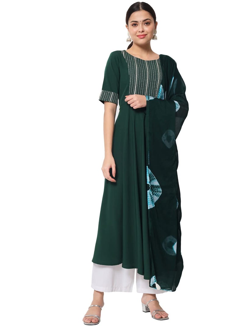 FIORRA Women's Bottle Green Poly Crepe Straight Kurta with Dupatta - Image 1