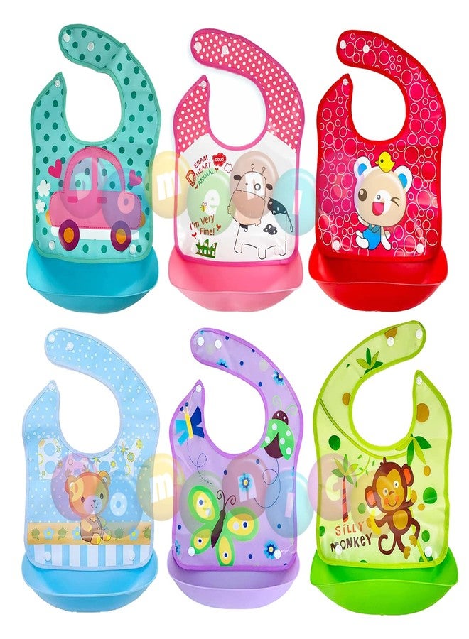 DOMENICO Baby Silicon Bib/Apron for Feeding Infants and Toddlers with Detachable Food Catcher, Waterproof (Random Colours And Prints) (Pack of 6) - Image 1