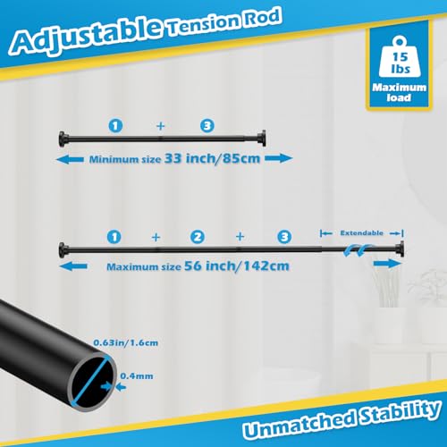 MOEROTER 2pcs Tension Curtain Rod 33 to 56 Inch No Drilling Spring Tension Rod Adjusting Black Curtain Rod No Drilling Non-Slip Expandable Spring Loaded Curtain Tension Rods for Window, Doorway, Closet - Image 3