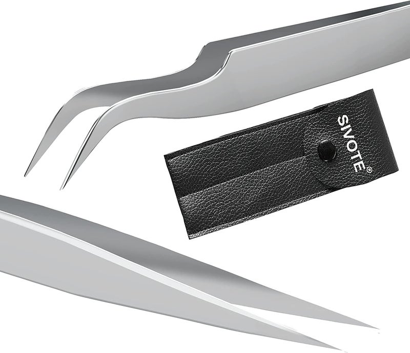 Sivote Eyelash Tweezers 2Pack Hand Calibrated Straight and Curved Tips Stainless Steel Lash Tweezers for Eyelash Extensions Matte Silver
