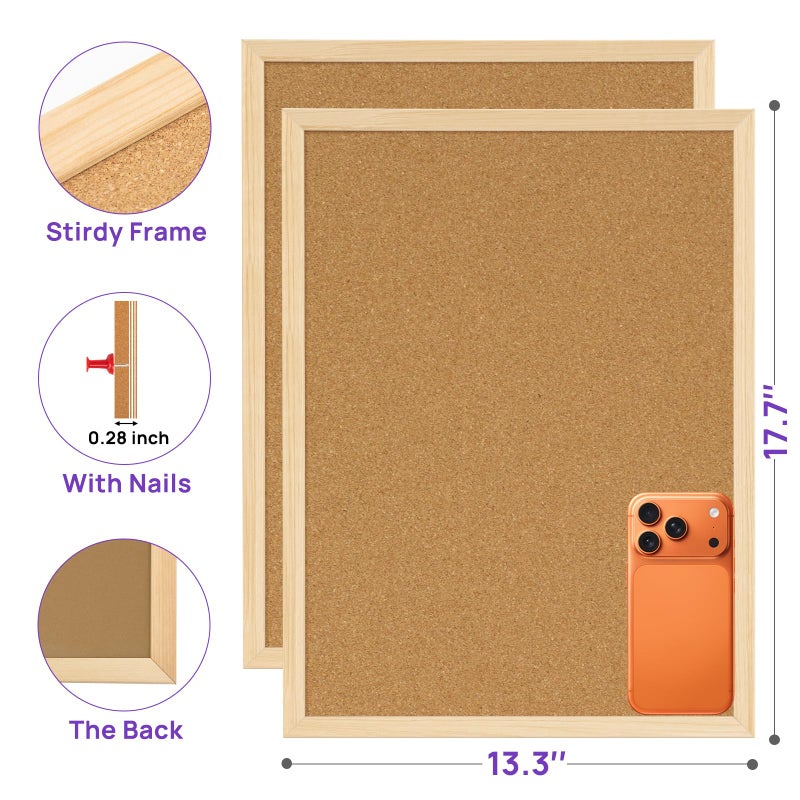 JEFURE 2 Pcs Cork Board, 17.7''x13.3'' Bulletin Board, Wooden Framed Corkboards for Wall, Small Cork Board, Vision Board Supplies, Prayer Board, Picture Board for Photos, Office, Home Decor, School - Image 2