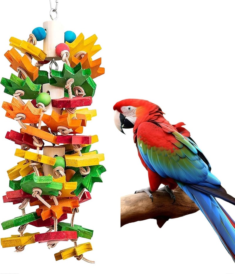 MQ Parrot Chewing Toy for Large and Small Parrots and Birds, Natural Wood Block Tearing Toy with Multicolored Maple Leaf Design, Beak Trimming Toy for African Grey Cockatoos and Amazon Parrots. - Image 1