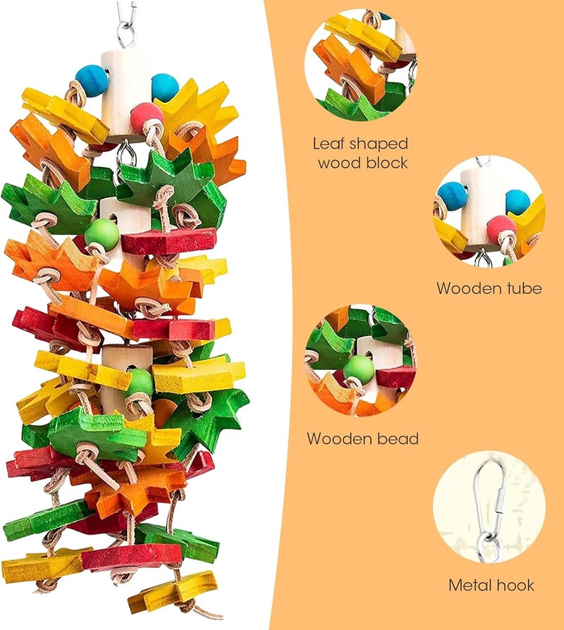 MQ Parrot Chewing Toy for Large and Small Parrots and Birds, Natural Wood Block Tearing Toy with Multicolored Maple Leaf Design, Beak Trimming Toy for African Grey Cockatoos and Amazon Parrots. - Image 3