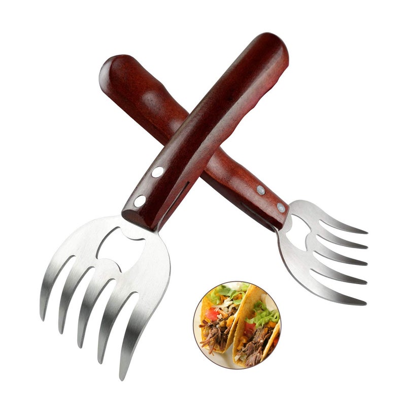AIYUE Meat Shredding Claws Stainless Steel Pulled Pork Shredder Meat Claws for BBQ Shredding Pulling Handing Lifting  Serving Pork Turkey Chicken with Long Wood Handle 2 PCSBPA Free