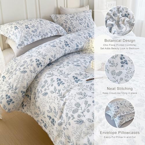 EAVD Blue Floral Comforter Set Twin XL White Soft Microfiber Bedding Set 1 Floral Comforter with 2 Pillowcases Chic Reversible Botanical Bedding Set for All-Season - Image 2
