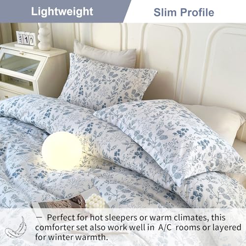 EAVD Blue Floral Comforter Set Twin XL White Soft Microfiber Bedding Set 1 Floral Comforter with 2 Pillowcases Chic Reversible Botanical Bedding Set for All-Season - Image 4