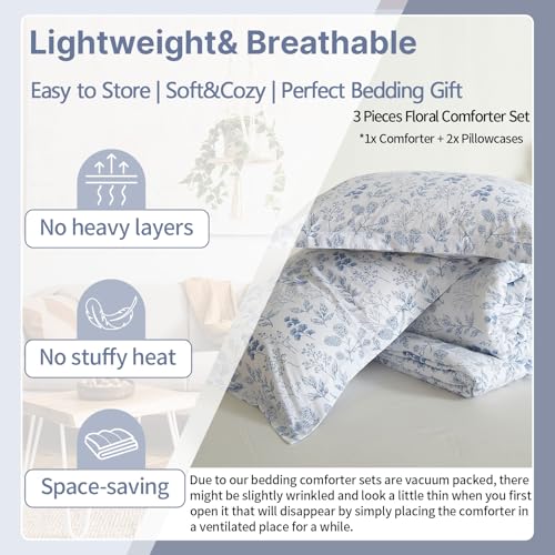 EAVD Blue Floral Comforter Set Twin XL White Soft Microfiber Bedding Set 1 Floral Comforter with 2 Pillowcases Chic Reversible Botanical Bedding Set for All-Season - Image 3