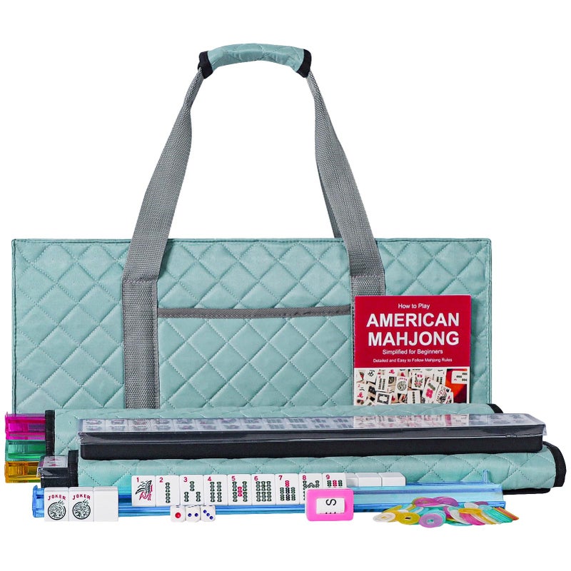 ZGME American Mahjong Set,166 White Tiles with Blue Rectangular Bag and Accessories,4 All-in-One Mahjong Racks with Pushers,Complete Western Mahjong Set - Image 1