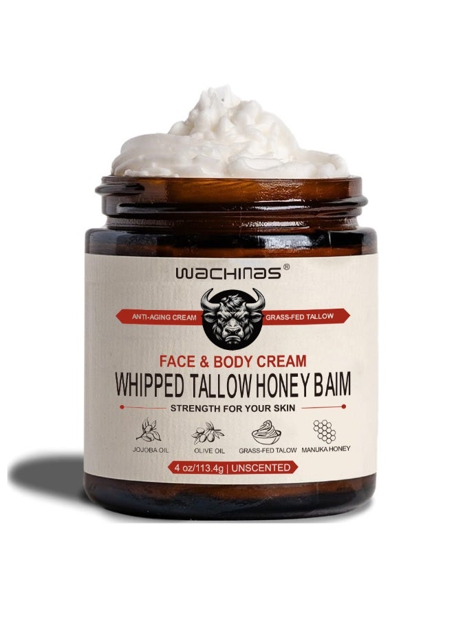 wachinas Whipped Tallow Honey Balm ,4 OZ (Unscented) Handmade Whipped Organic Beef Tallow for Skin - Grass Fed Beef Tallow Moisturizer and Honey Balm for Silky, Sensitive-Skin, Eczema, Rosacea - Free of Harsh Chemicals - Image 1