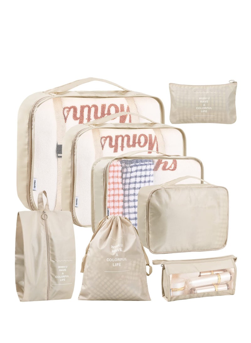 8 Pcs Travel Packing Organizer Bags Set Lightweight Luggage Cubes Beige - Image 1