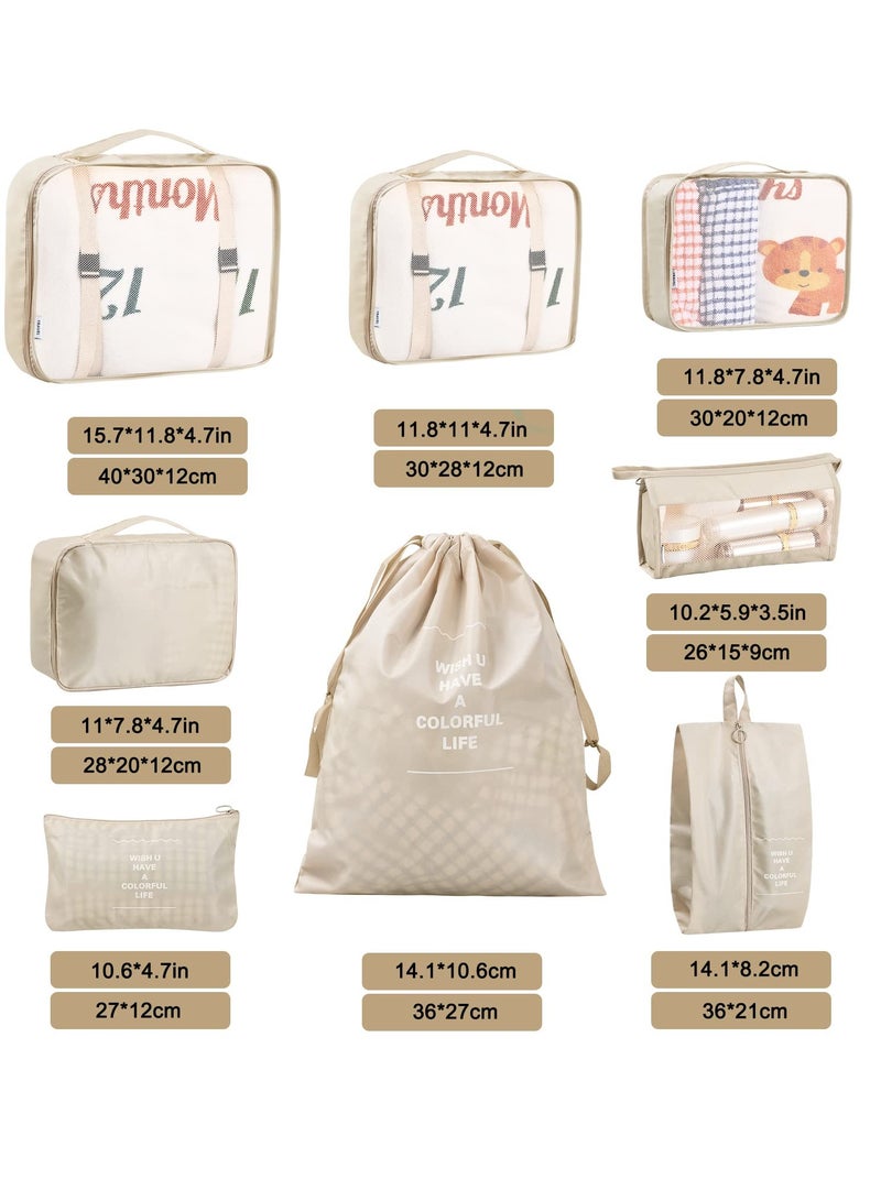8 Pcs Travel Packing Organizer Bags Set Lightweight Luggage Cubes Beige - Image 4