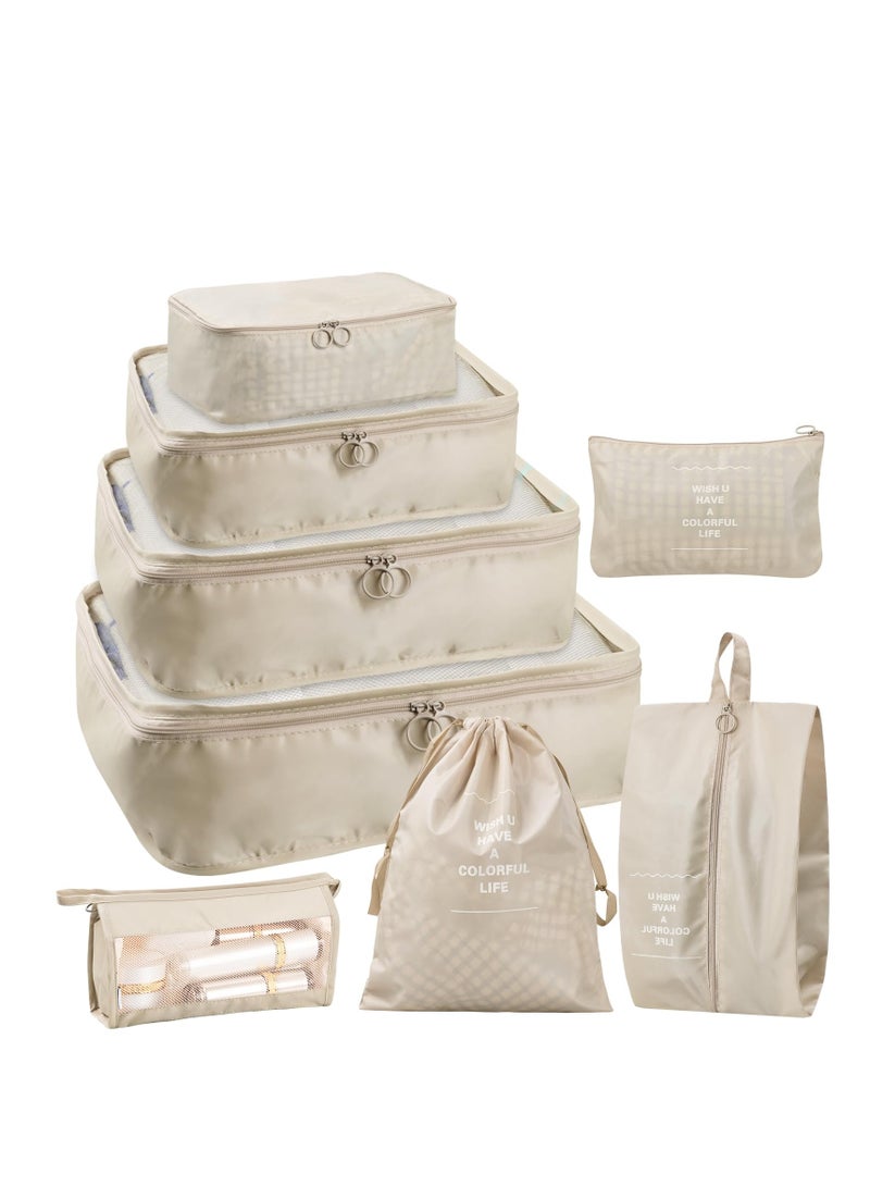 8 Pcs Travel Packing Organizer Bags Set Lightweight Luggage Cubes Beige - Image 2