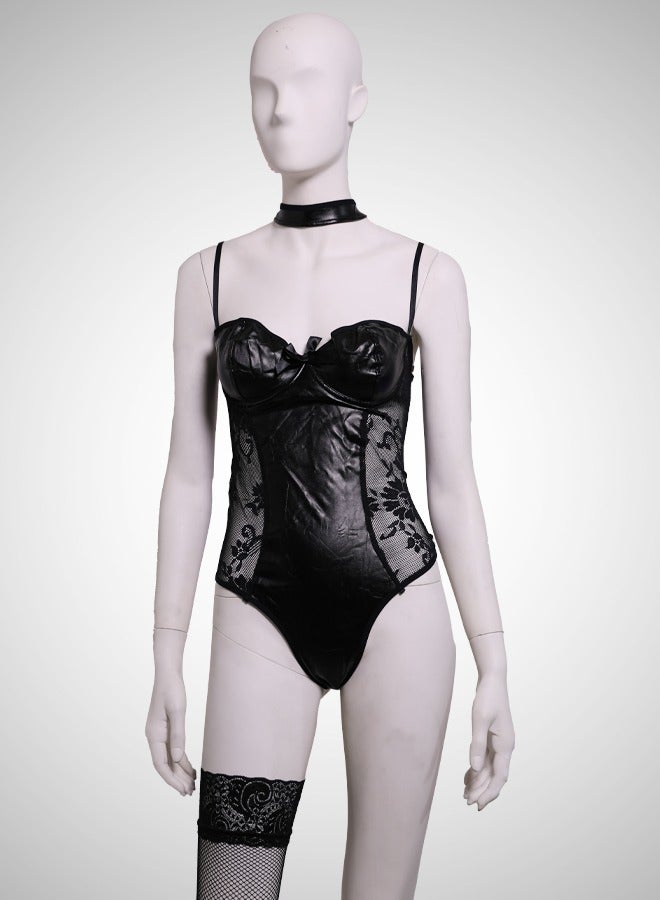 Black Leather Lingerie Set with Lace Details - Three Pieces  - Image 1