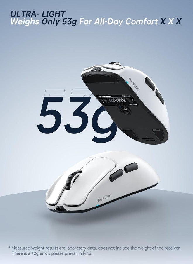 RAPIQUE Ultra-Light Wireless Mouse - 53 g Featherweight, Silent Click, Dual Mode Bluetooth 5.1 & 2.4 GHz, Side Buttons, USB‑C Recharge, Adjustable 800-1600 DPI, Laptop/Windows/iPad/MacBook/PC(White) - Image 2