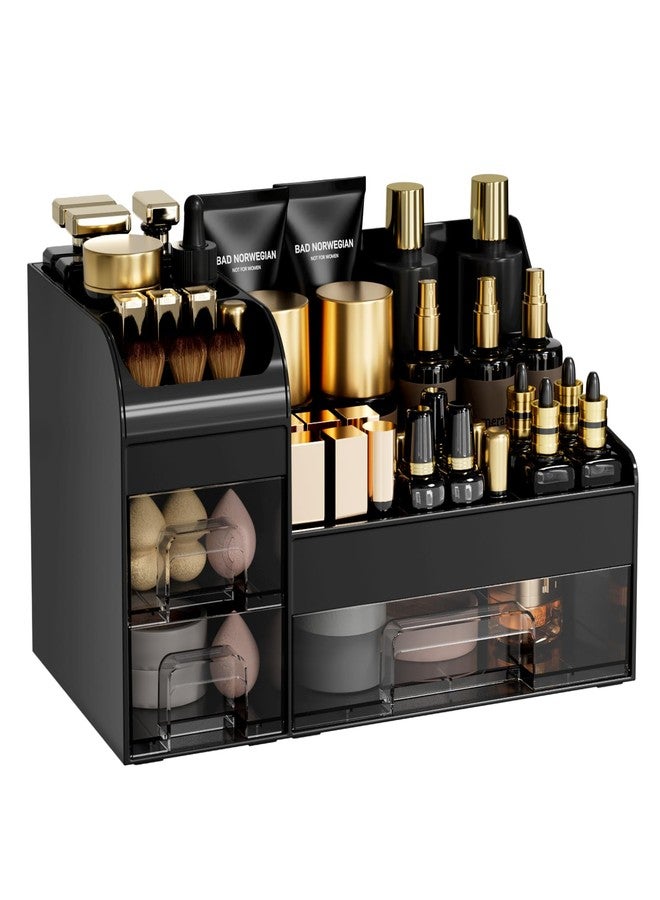 Mriluvy Makeup Organizer with Drawers,Large Cosmetic Storage Box,Countertop Skincare Organizer,ABS Makeup Brush Holder for Bathroom,Desk,Dresser,Multifunctional Beauty Display Case,Black transparent - Image 1