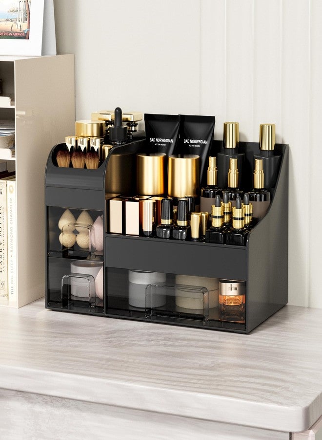 Mriluvy Makeup Organizer with Drawers,Large Cosmetic Storage Box,Countertop Skincare Organizer,ABS Makeup Brush Holder for Bathroom,Desk,Dresser,Multifunctional Beauty Display Case,Black transparent - Image 3