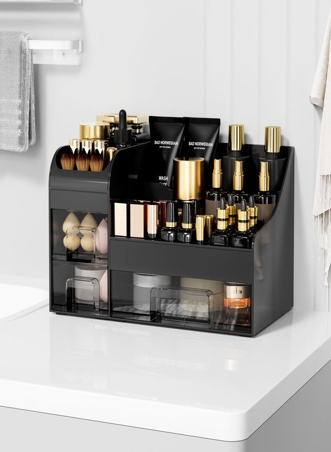 Mriluvy Makeup Organizer with Drawers,Large Cosmetic Storage Box,Countertop Skincare Organizer,ABS Makeup Brush Holder for Bathroom,Desk,Dresser,Multifunctional Beauty Display Case,Black transparent - Image 2