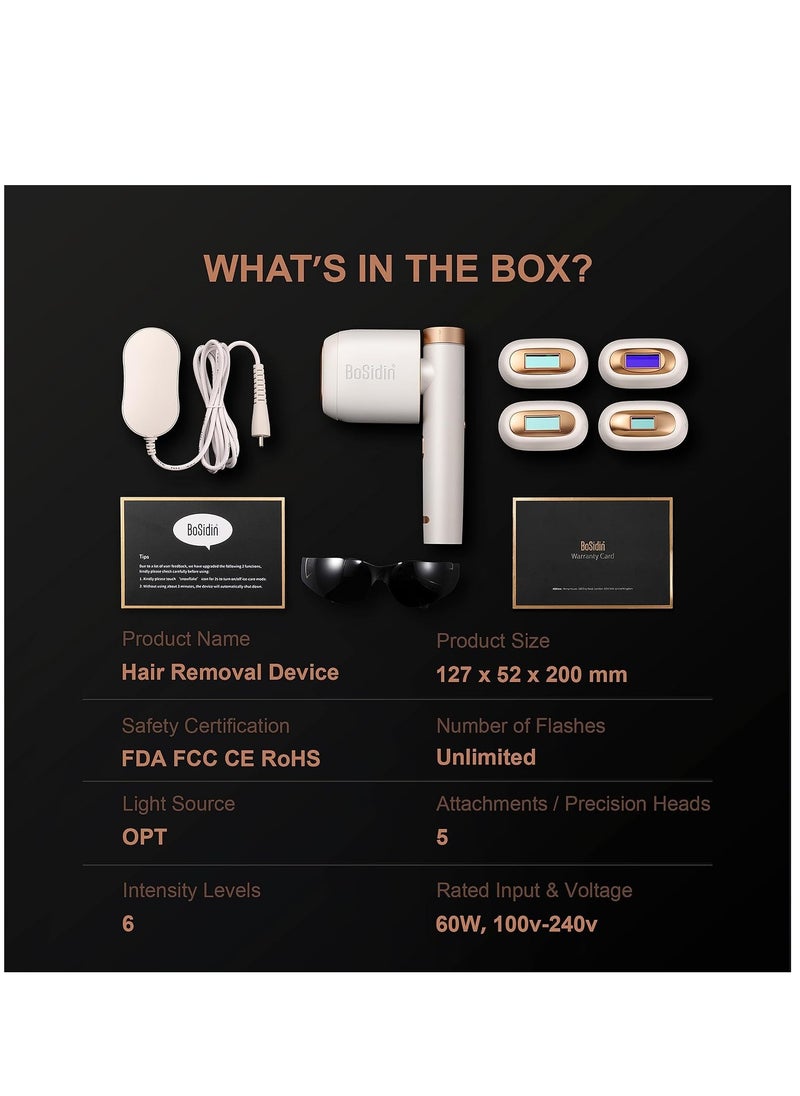 Bosidin - Laser Hair Removal IPL Permanent Home Hair Removal Device  for Facial Peach Fuzz, Underarms, Bikini Line and Legs Dynamic Cooling Device D-1187 White - Image 1