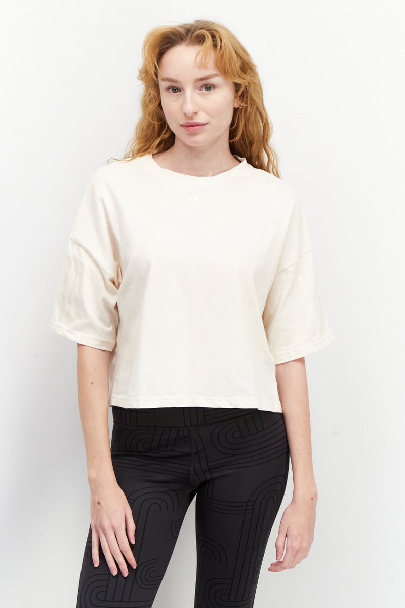 Adidas Women Sportswear Fit Short Sleeves Training Top, Beige - Image 1